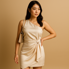 フォーマルイベントや結婚式に最適な女性用ワンショルダードレス。美しいシルエットと上品なデザインが魅力。