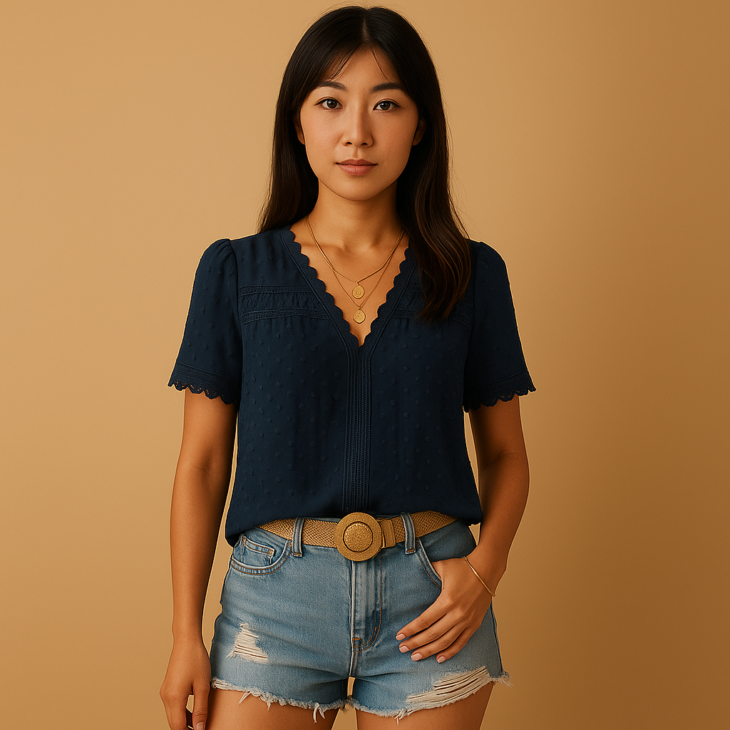 女性用レースブラウス。Vネックと繊細なディテールでエレガントな印象を与え、仕事やお出かけにぴったりの上品なスタイル。