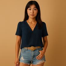 女性用レースブラウス。Vネックと繊細なディテールでエレガントな印象を与え、仕事やお出かけにぴったりの上品なスタイル。