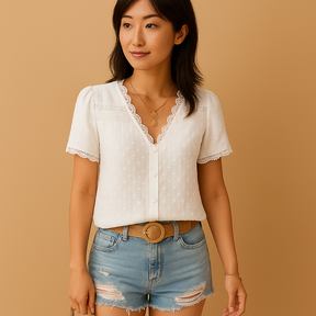 女性用レースブラウス。Vネックと繊細なディテールでエレガントな印象を与え、仕事やお出かけにぴったりの上品なスタイル。