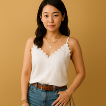 Vネックとレース装飾が施された女性用キャミトップ。夏にぴったりの軽やかでエレガントなスタイル。