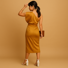 女性用ミニマルドレス。スリムなフィット感とタイムレスなデザインが魅力。フォーマルからオフィスシーンに最適。