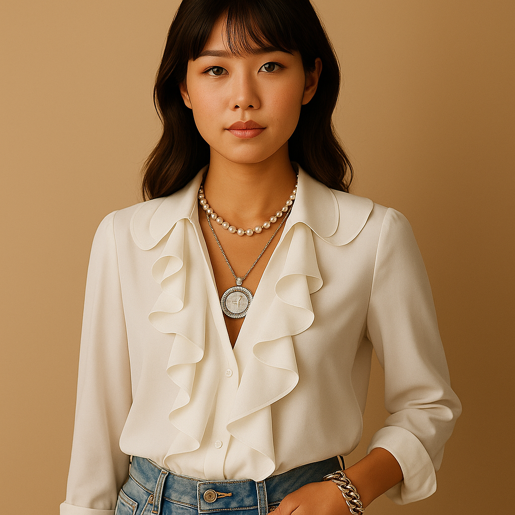 蝶柄プリントとフリルが特徴のレディース用長袖ブラウス。春から秋まで活躍するエレガントなスタイルにぴったりのデザイン。