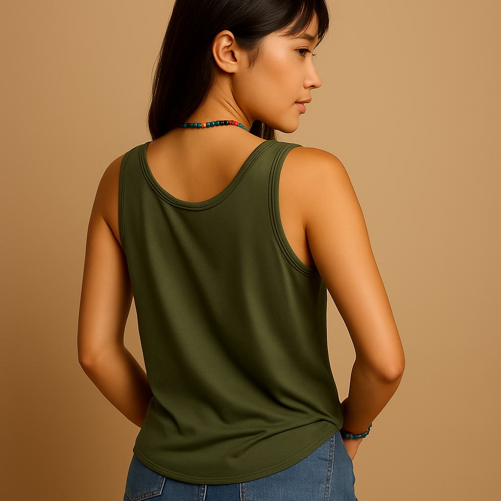 ノースリーブのVネックサマートップス女性用。ゆったりシルエットとポケット付きで、暑い日にも快適な着心地。カジュアルな夏の装いに最適。