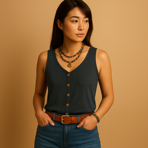 ノースリーブのVネックサマートップス女性用。ゆったりシルエットとポケット付きで、暑い日にも快適な着心地。カジュアルな夏の装いに最適。