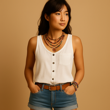ノースリーブのVネックサマートップス女性用。ゆったりシルエットとポケット付きで、暑い日にも快適な着心地。カジュアルな夏の装いに最適。