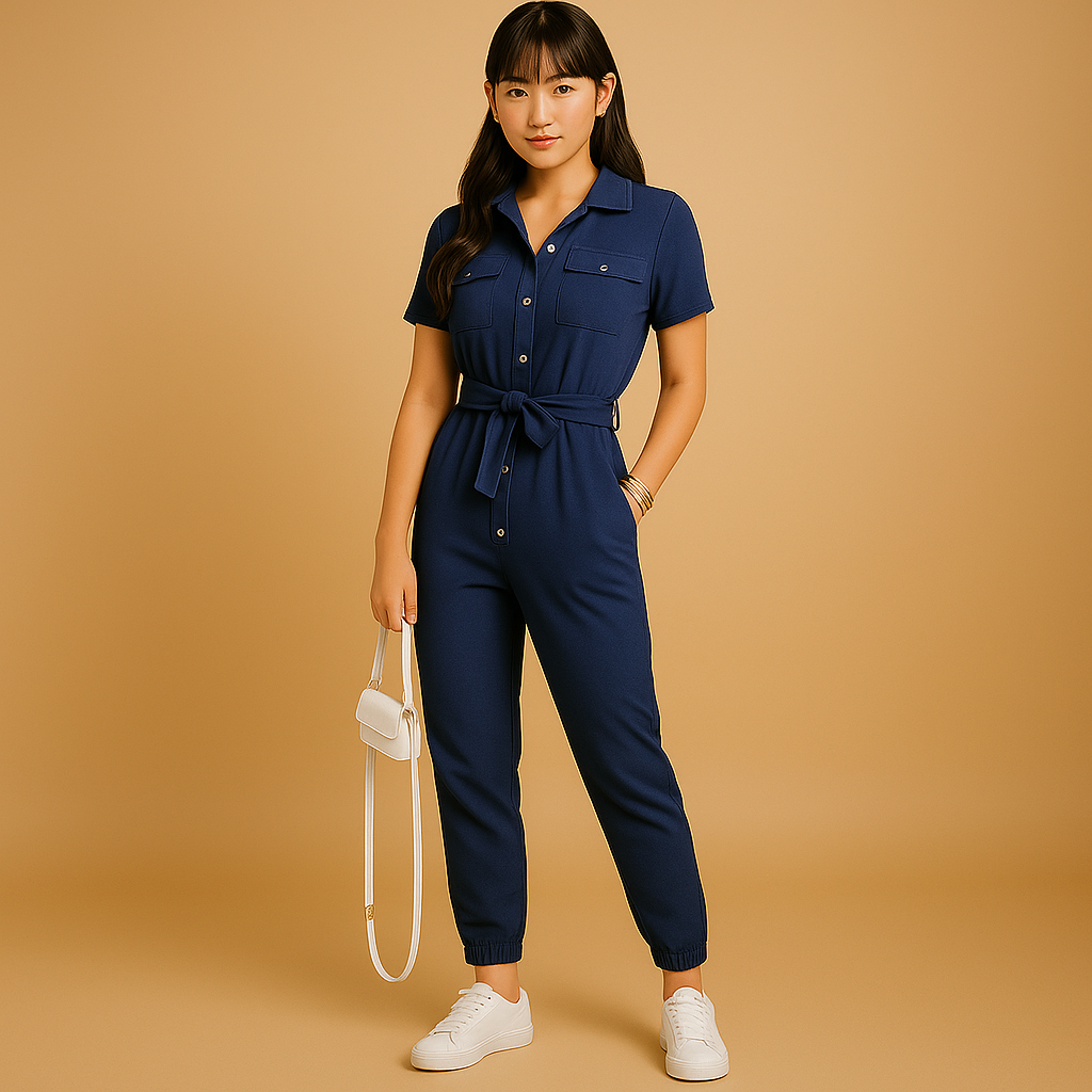 女性用テーラードジャンプスーツ。フィット感のあるシルエットと洗練されたディテールで、オフィスや外出にぴったりのスタイル。