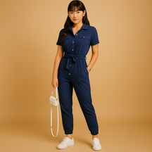 女性用テーラードジャンプスーツ。フィット感のあるシルエットと洗練されたディテールで、オフィスや外出にぴったりのスタイル。