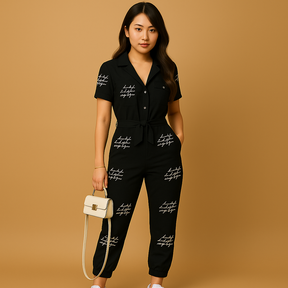 女性用テーラードジャンプスーツ。フィット感のあるシルエットと洗練されたディテールで、オフィスや外出にぴったりのスタイル。