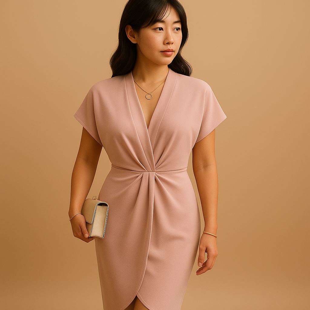 春夏の仕事やカジュアルシーンに最適な、女性用のエレガントなミディ丈ラップドレス。美しいシルエットで様々な場面に対応。