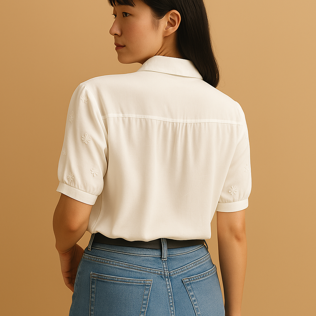 女性用ホワイトブラウス。クラシックなデザインと快適なフィット感で、仕事にもカジュアルにも活躍する上品な一着。