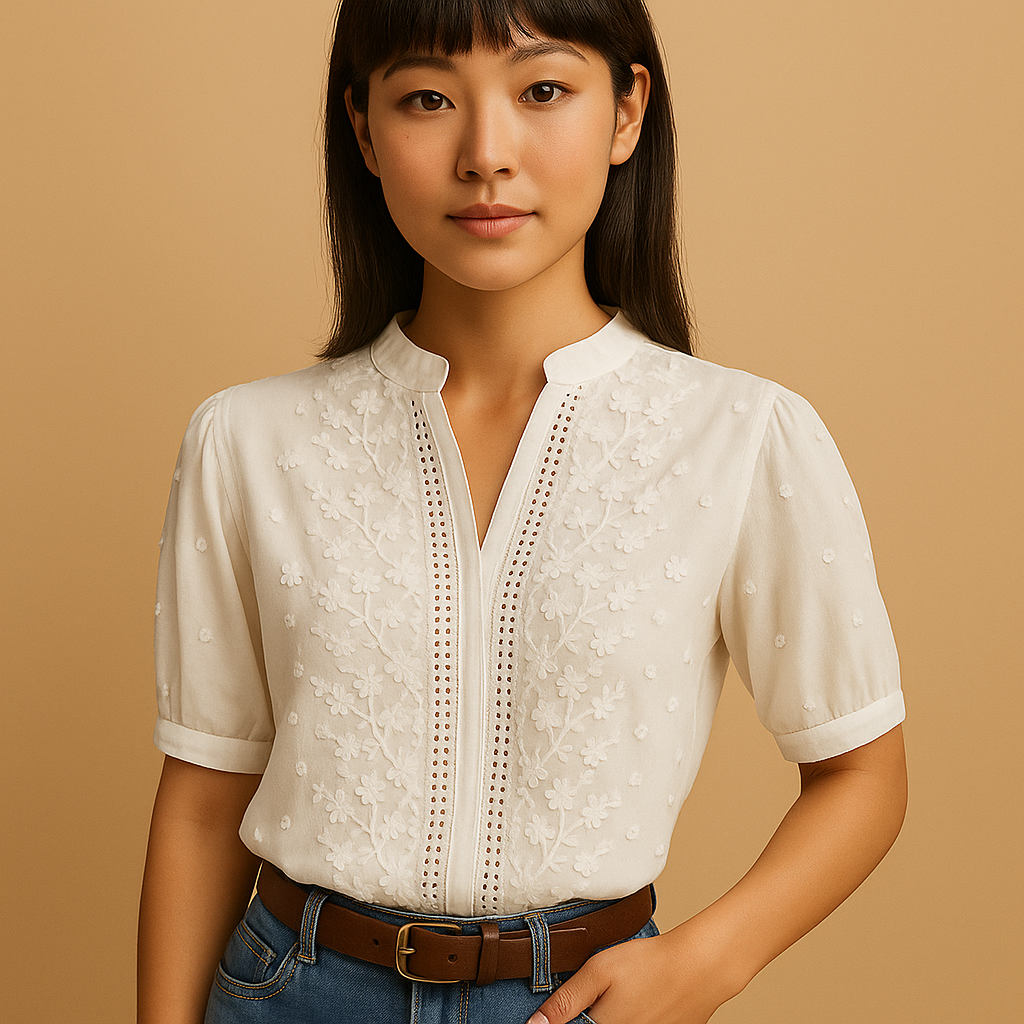 女性用ホワイトブラウス。クラシックなデザインと快適なフィット感で、仕事にもカジュアルにも活躍する上品な一着。