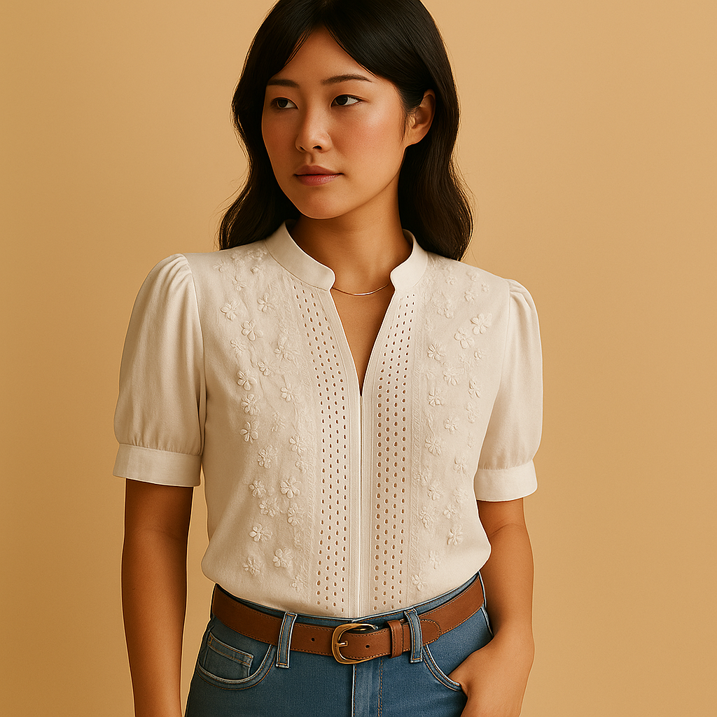 女性用ホワイトブラウス。クラシックなデザインと快適なフィット感で、仕事にもカジュアルにも活躍する上品な一着。