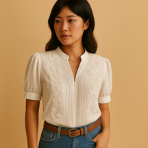 女性用ホワイトブラウス。クラシックなデザインと快適なフィット感で、仕事にもカジュアルにも活躍する上品な一着。